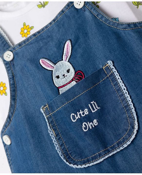 ToffyHouse 100% Cotton Interlock Knit Half Sleeves T-Shirt & Dungaree with Floral Print & Bunny Embroidered - Navy Blue & White