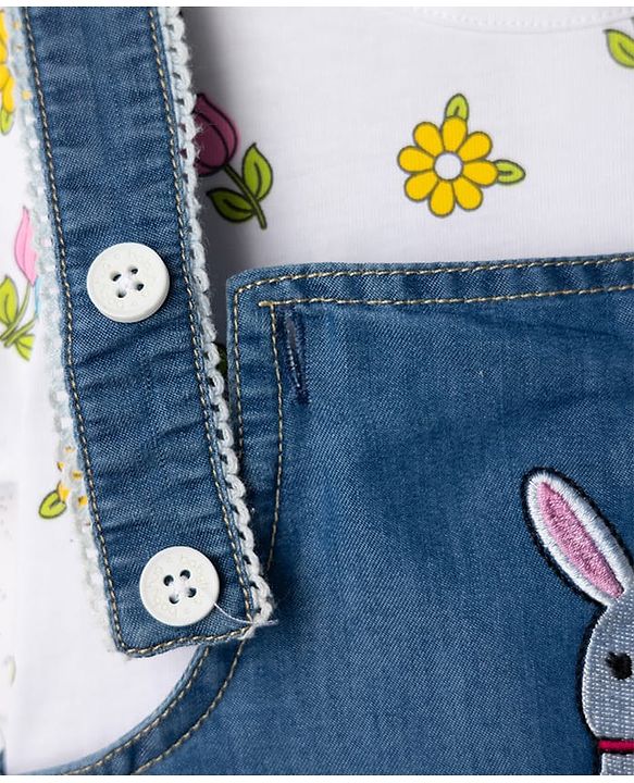 ToffyHouse 100% Cotton Interlock Knit Half Sleeves T-Shirt & Dungaree with Floral Print & Bunny Embroidered - Navy Blue & White