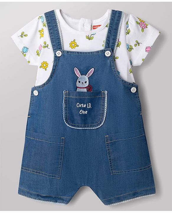 ToffyHouse 100% Cotton Interlock Knit Half Sleeves T-Shirt & Dungaree with Floral Print & Bunny Embroidered - Navy Blue & White