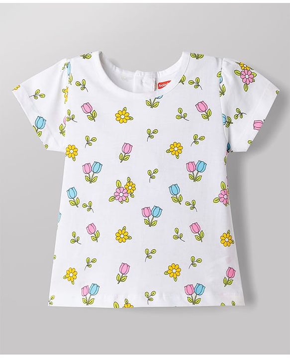 ToffyHouse 100% Cotton Interlock Knit Half Sleeves T-Shirt & Dungaree with Floral Print & Bunny Embroidered - Navy Blue & White