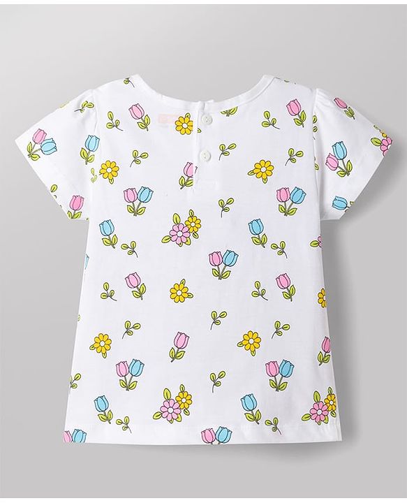 ToffyHouse 100% Cotton Interlock Knit Half Sleeves T-Shirt & Dungaree with Floral Print & Bunny Embroidered - Navy Blue & White