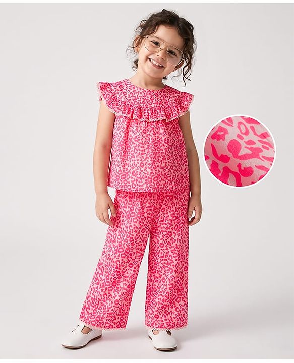 Babyhug Cotton Woven Sleeveless Printed Co-Ords Top & Palazzo Set - Neon Pink