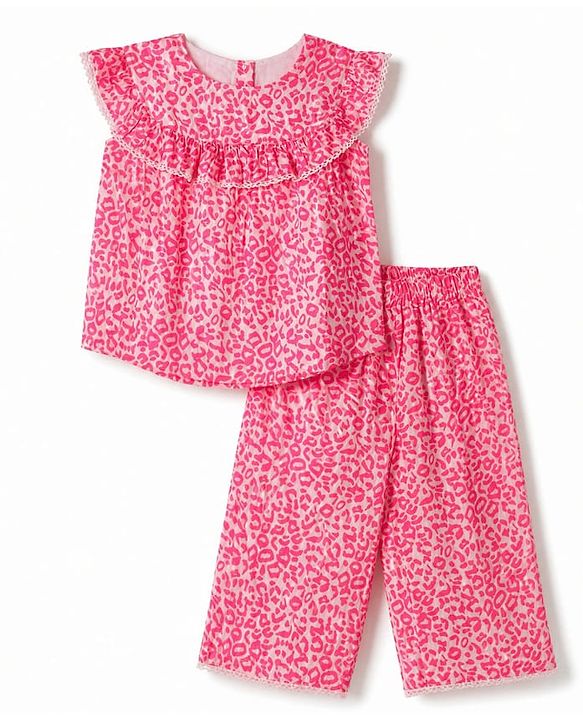 Babyhug Cotton Woven Sleeveless Printed Co-Ords Top & Palazzo Set - Neon Pink