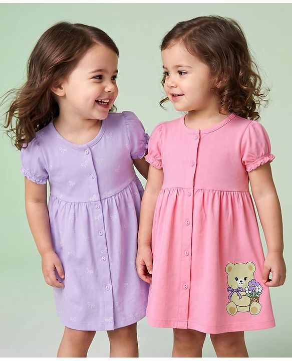 Babyhug 100% Cotton Single Jersey Knit Half Sleeves Frocks with Bow and Bear Print Pack of 2 - Pink & Lilac