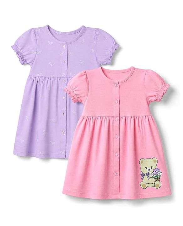 Babyhug 100% Cotton Single Jersey Knit Half Sleeves Frocks with Bow and Bear Print Pack of 2 - Pink & Lilac