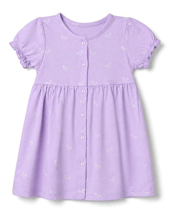 Babyhug 100% Cotton Single Jersey Knit Half Sleeves Frocks with Bow and Bear Print Pack of 2 - Pink & Lilac