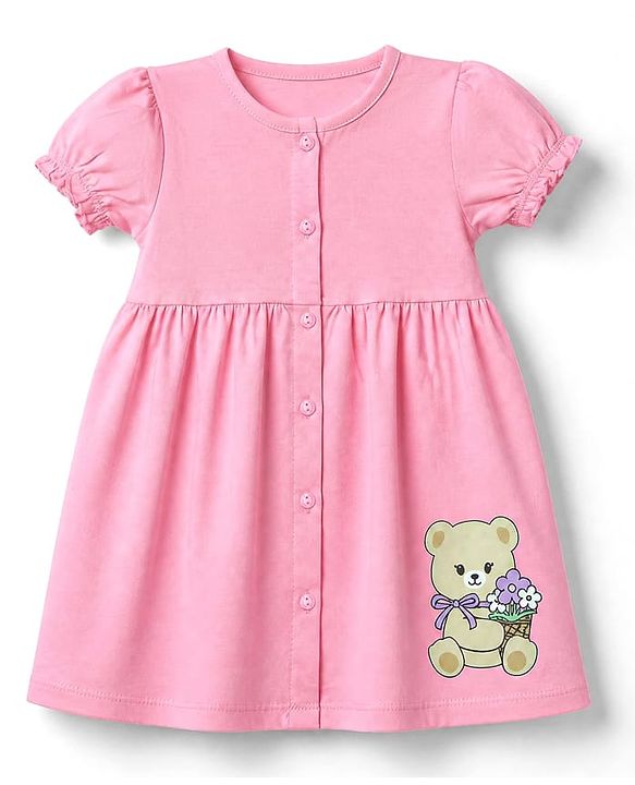 Babyhug 100% Cotton Single Jersey Knit Half Sleeves Frocks with Bow and Bear Print Pack of 2 - Pink & Lilac