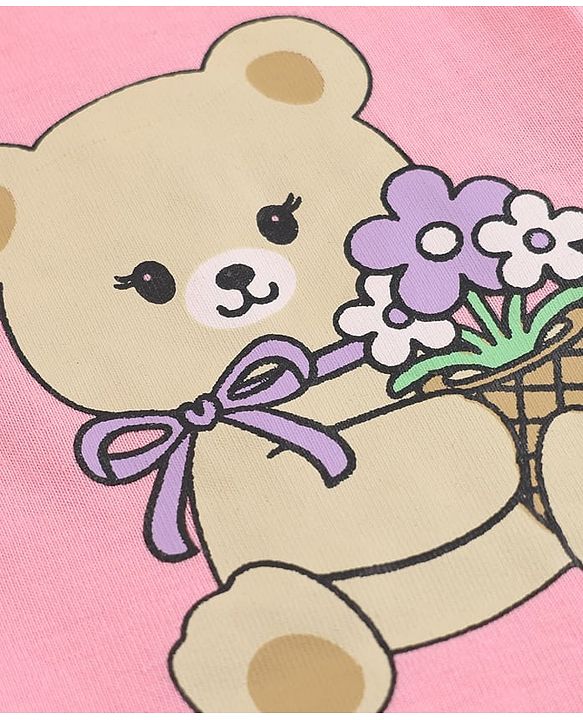 Babyhug 100% Cotton Single Jersey Knit Half Sleeves Frocks with Bow and Bear Print Pack of 2 - Pink & Lilac