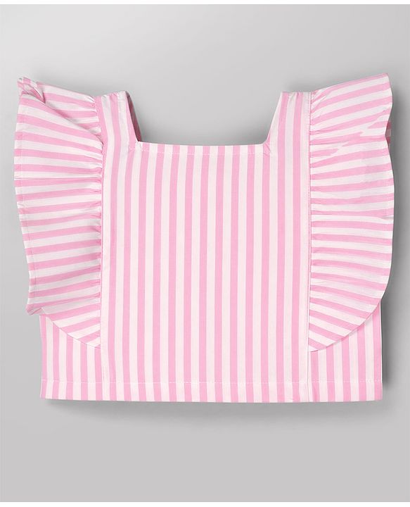 Babyhug Cotton Woven Frill Sleeves Co-Ords Top & Culottes Set with Stripes - Pink