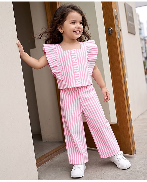 Babyhug Cotton Woven Frill Sleeves Co-Ords Top & Culottes Set with Stripes - Pink