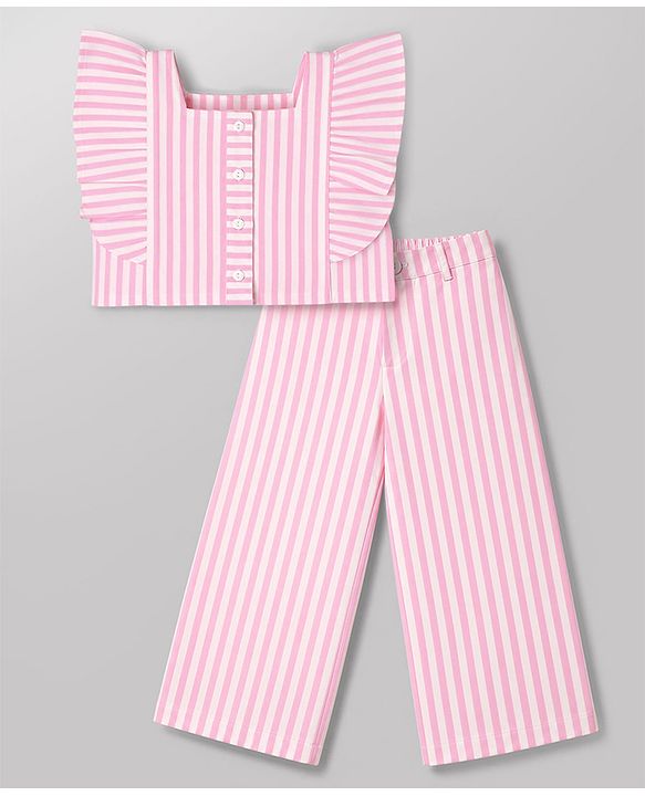 Babyhug Cotton Woven Frill Sleeves Co-Ords Top & Culottes Set with Stripes - Pink