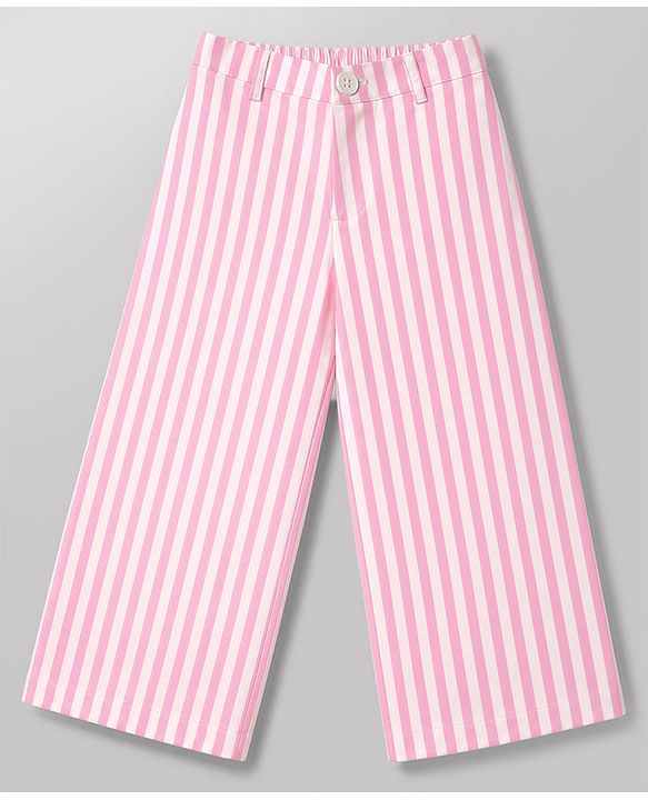 Babyhug Cotton Woven Frill Sleeves Co-Ords Top & Culottes Set with Stripes - Pink