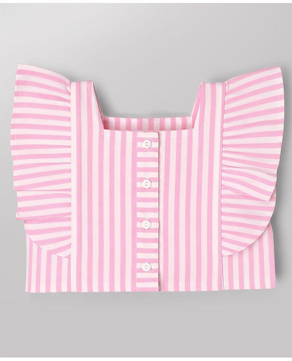 Babyhug Cotton Woven Frill Sleeves Co-Ords Top & Culottes Set with Stripes - Pink