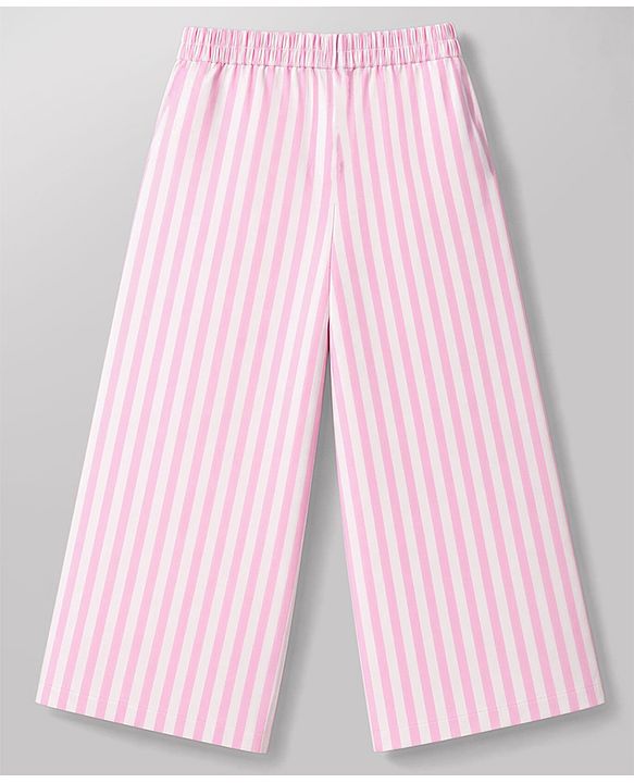 Babyhug Cotton Woven Frill Sleeves Co-Ords Top & Culottes Set with Stripes - Pink