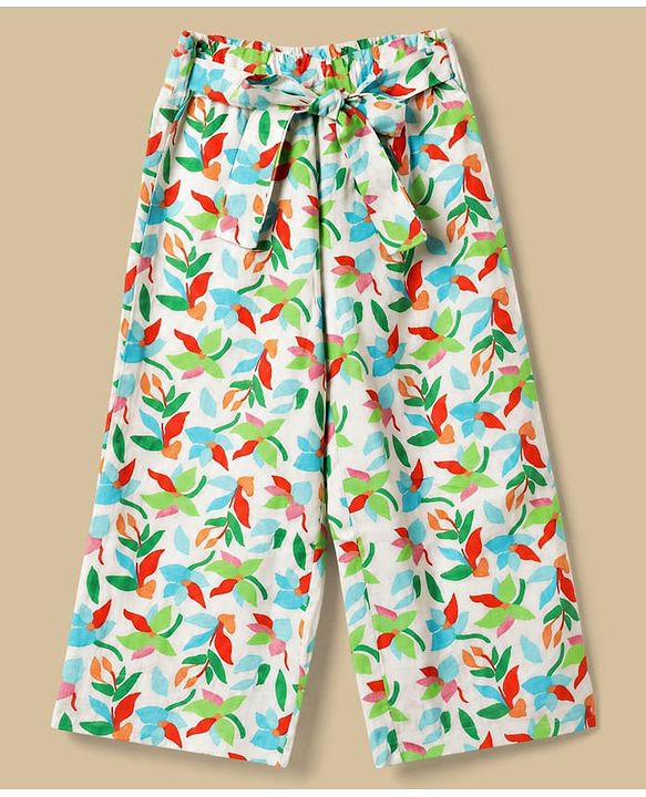 Babyhug Cotton Woven Half Sleeves Co-Ords Top & Culottes Set with Leafy Print & Belt - Sea Green
