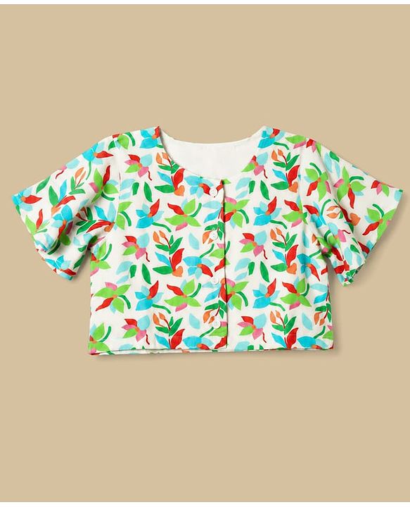 Babyhug Cotton Woven Half Sleeves Co-Ords Top & Culottes Set with Leafy Print & Belt - Sea Green