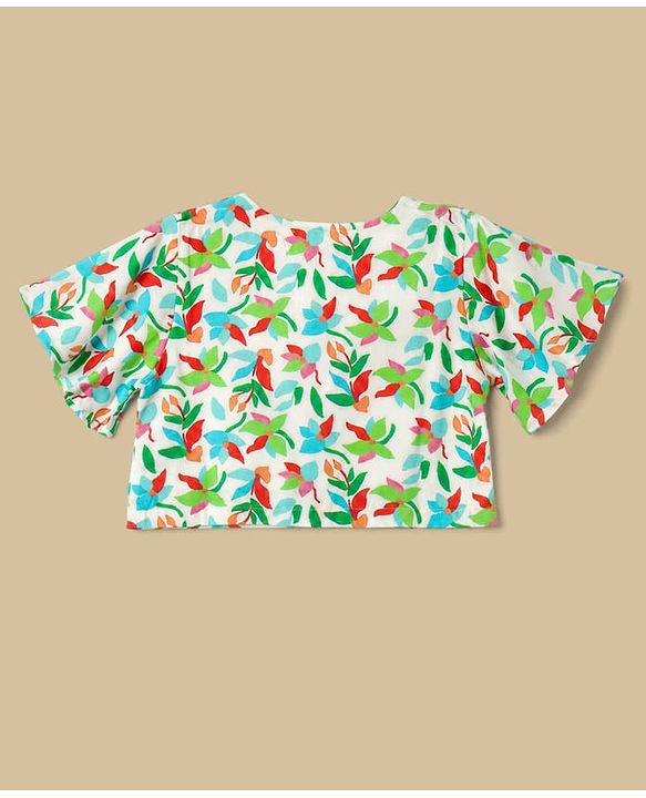 Babyhug Cotton Woven Half Sleeves Co-Ords Top & Culottes Set with Leafy Print & Belt - Sea Green