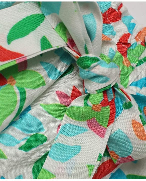 Babyhug Cotton Woven Half Sleeves Co-Ords Top & Culottes Set with Leafy Print & Belt - Sea Green