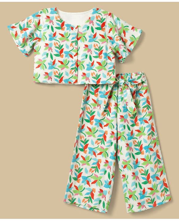Babyhug Cotton Woven Half Sleeves Co-Ords Top & Culottes Set with Leafy Print & Belt - Sea Green