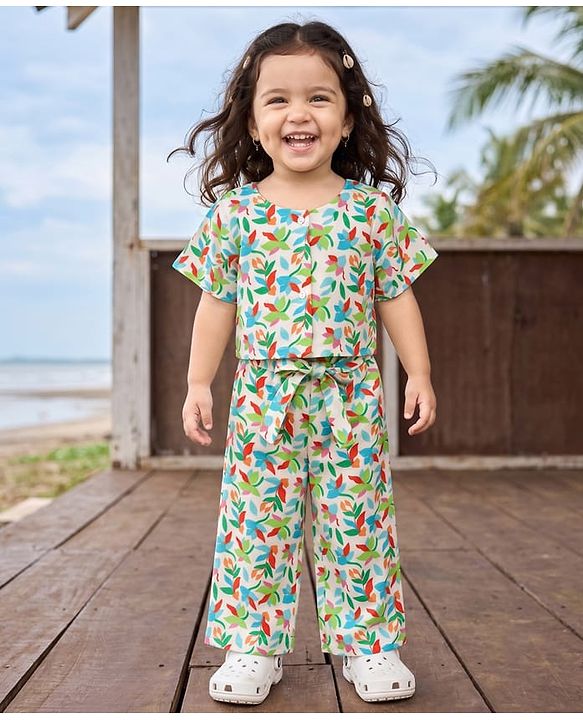Babyhug Cotton Woven Half Sleeves Co-Ords Top & Culottes Set with Leafy Print & Belt - Sea Green