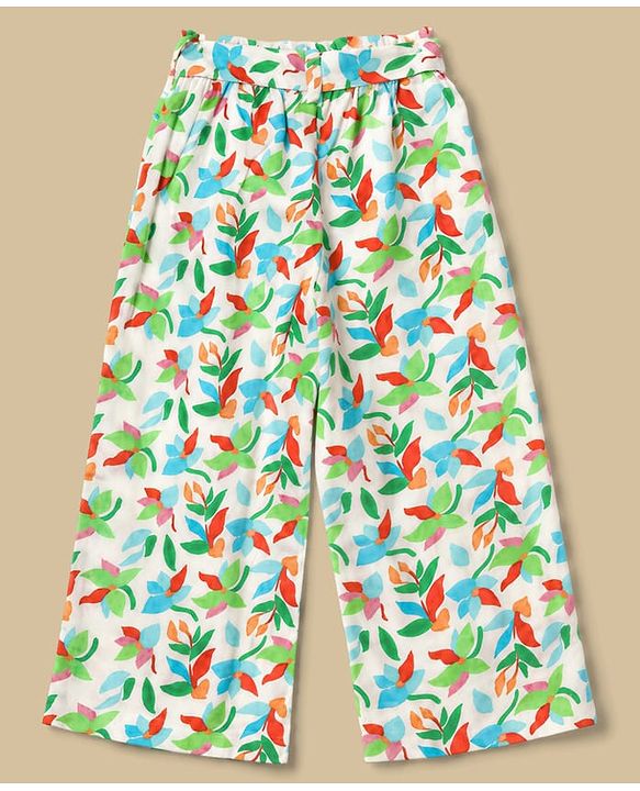 Babyhug Cotton Woven Half Sleeves Co-Ords Top & Culottes Set with Leafy Print & Belt - Sea Green