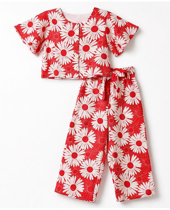Babyhug Cotton Woven Half Sleeves Co-Ords Top & Culottes Set with Floral Print & Belt - Red