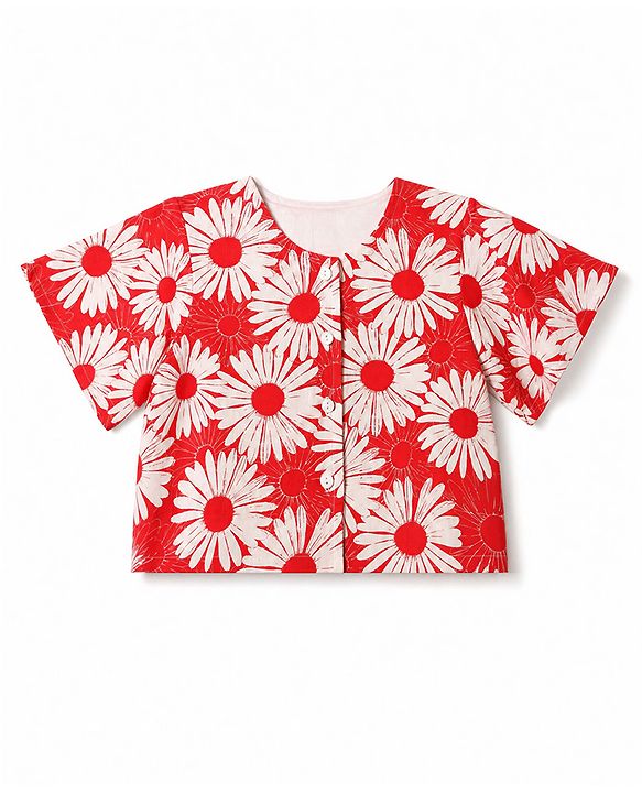Babyhug Cotton Woven Half Sleeves Co-Ords Top & Culottes Set with Floral Print & Belt - Red