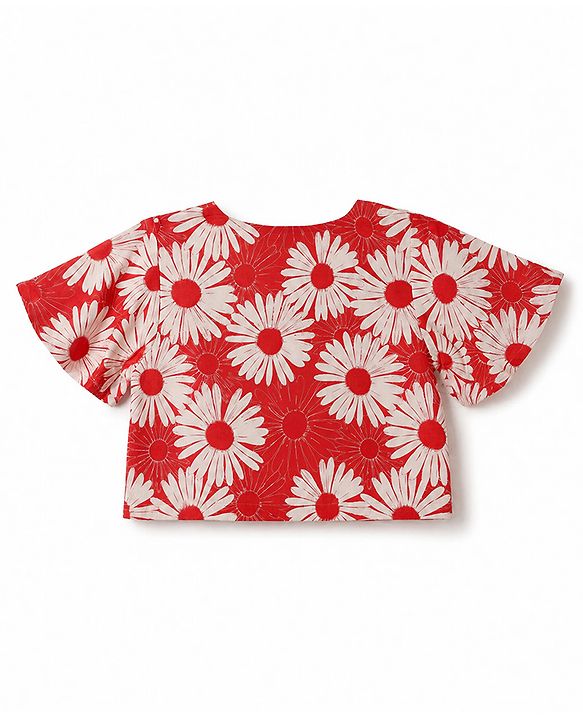 Babyhug Cotton Woven Half Sleeves Co-Ords Top & Culottes Set with Floral Print & Belt - Red