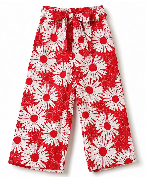 Babyhug Cotton Woven Half Sleeves Co-Ords Top & Culottes Set with Floral Print & Belt - Red