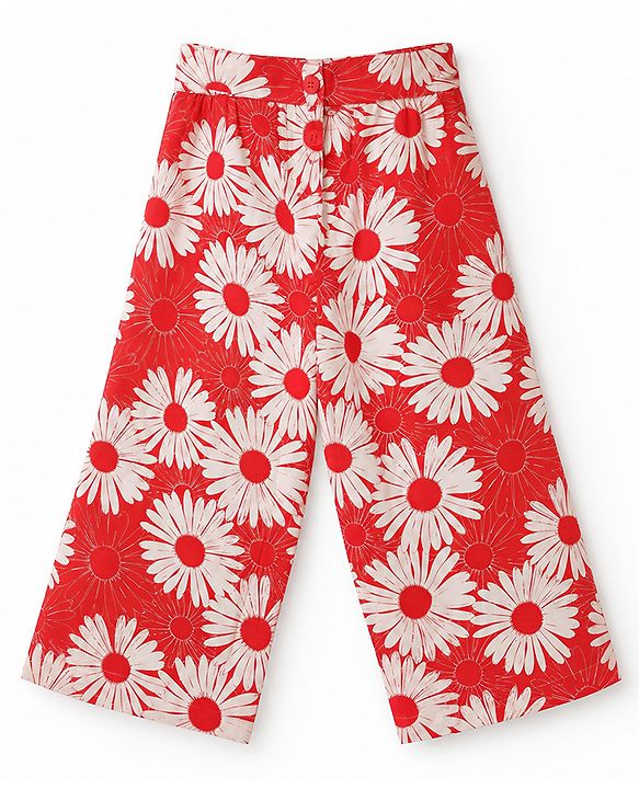 Babyhug Cotton Woven Half Sleeves Co-Ords Top & Culottes Set with Floral Print & Belt - Red