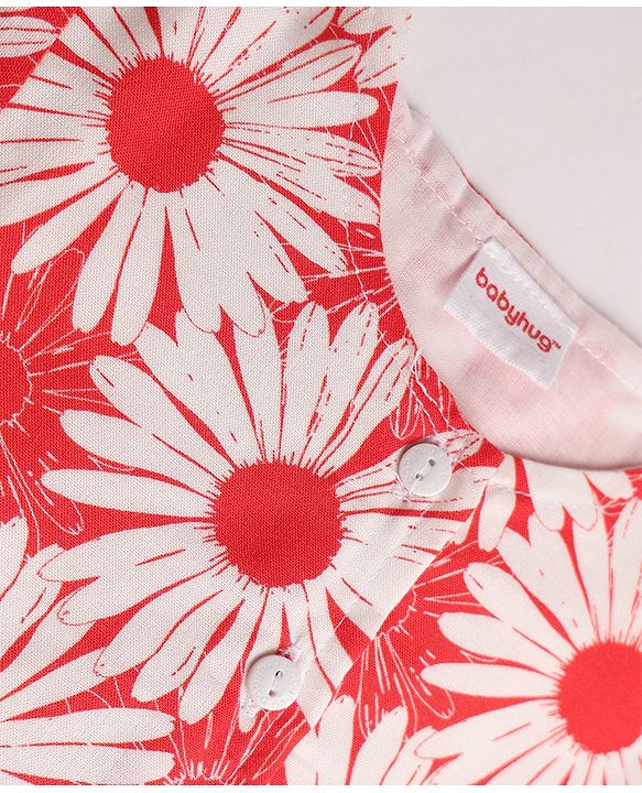 Babyhug Cotton Woven Half Sleeves Co-Ords Top & Culottes Set with Floral Print & Belt - Red