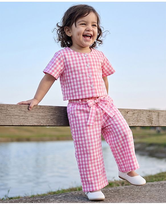 Babyhug Cotton Woven Half Sleeves Co-Ords Top & Culottes Set with Check & Belt - Pink
