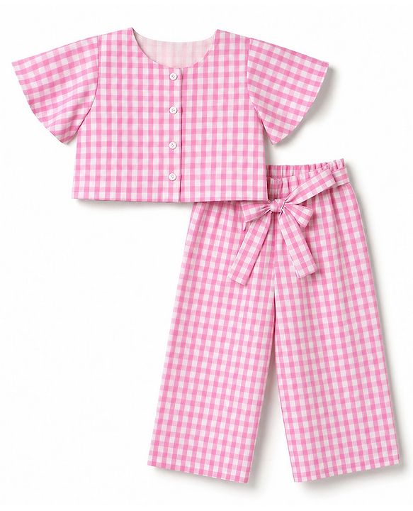 Babyhug Cotton Woven Half Sleeves Co-Ords Top & Culottes Set with Check & Belt - Pink