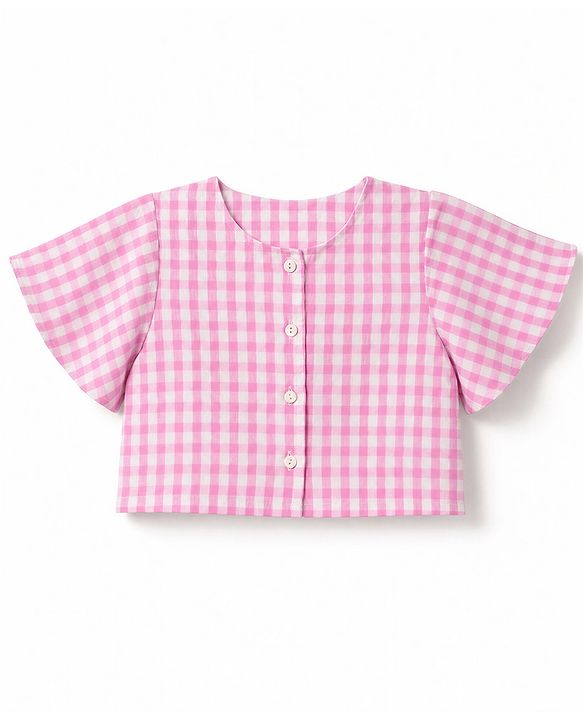 Babyhug Cotton Woven Half Sleeves Co-Ords Top & Culottes Set with Check & Belt - Pink