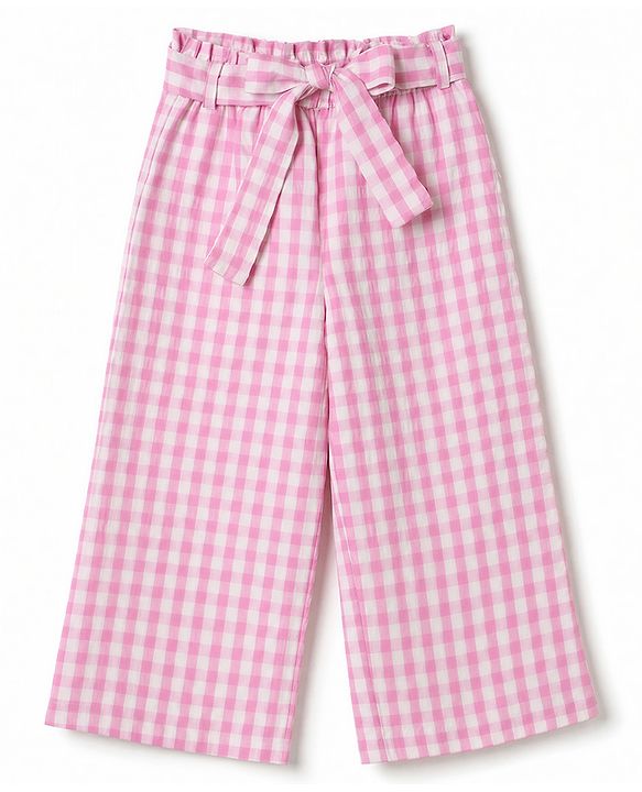Babyhug Cotton Woven Half Sleeves Co-Ords Top & Culottes Set with Check & Belt - Pink