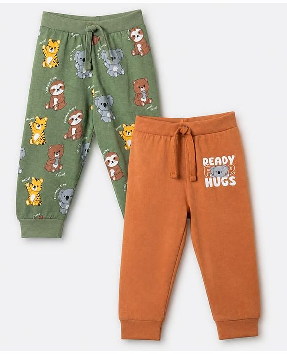 Babyhug Cotton Jersey Knit Full Length Jogger Fit Lounge Pant With Animal Print Pack of 2 - Orange Green