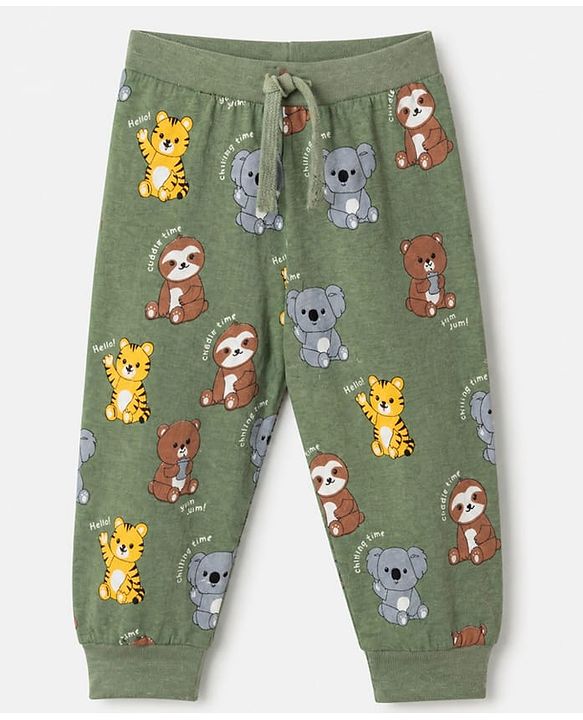Babyhug Cotton Jersey Knit Full Length Jogger Fit Lounge Pant With Animal Print Pack of 2 - Orange Green