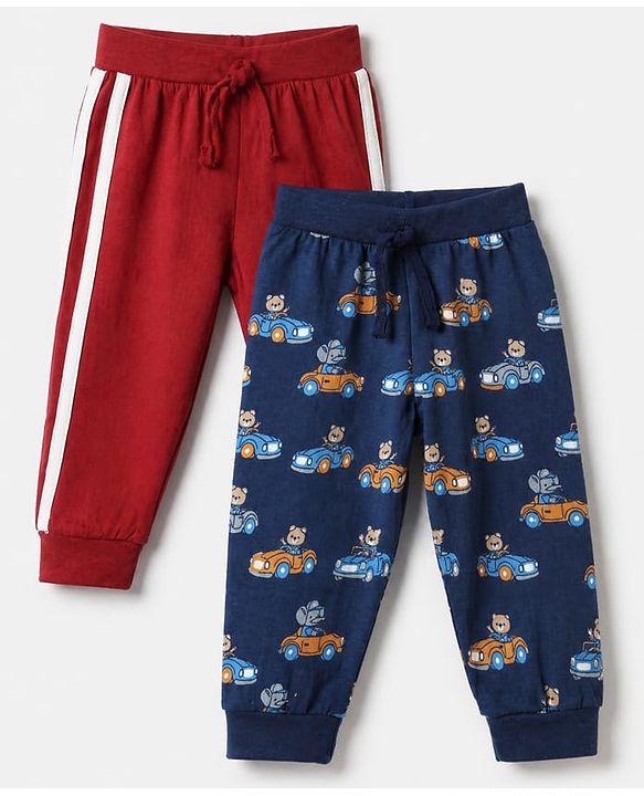 Babyhug Cotton Jersey Knit Full Length Jogger Fit Lounge Pant With Vehicle Print Pack of 2 in Red Navy Blue
