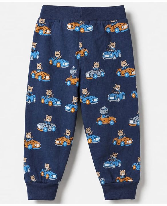 Babyhug Cotton Jersey Knit Full Length Jogger Fit Lounge Pant With Vehicle Print Pack of 2 in Red Navy Blue