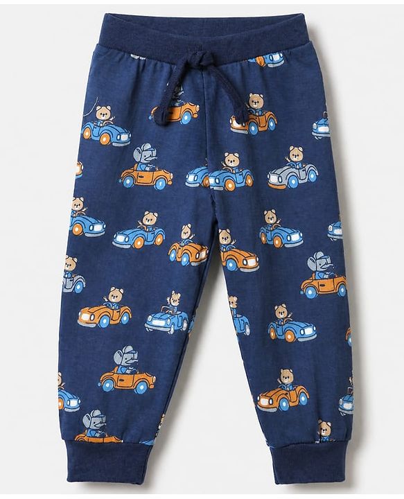 Babyhug Cotton Jersey Knit Full Length Jogger Fit Lounge Pant With Vehicle Print Pack of 2 in Red Navy Blue