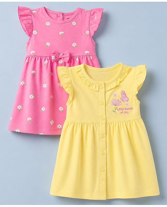 Babyhug Single Jersey Knit Half Sleeves Floral Printed Dress With Butterfly Embroidery Pack of 2 - Pink & Yellow