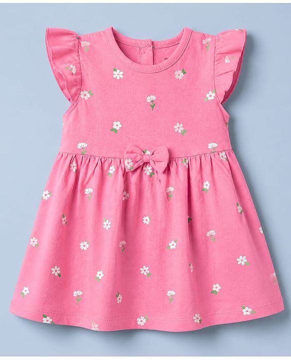 Babyhug Single Jersey Knit Half Sleeves Floral Printed Dress With Butterfly Embroidery Pack of 2 - Pink & Yellow