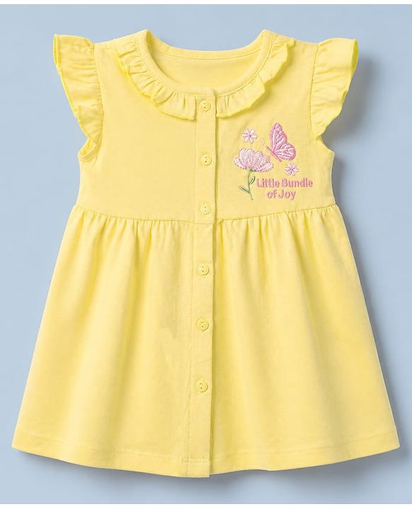 Babyhug Single Jersey Knit Half Sleeves Floral Printed Dress With Butterfly Embroidery Pack of 2 - Pink & Yellow