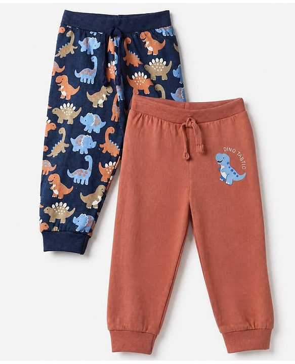 Babyhug Cotton Jersey Knit Full Length Jogger Fit Lounge Pant With Dinosaur Print Pack of 2 in Navy Blue Red
