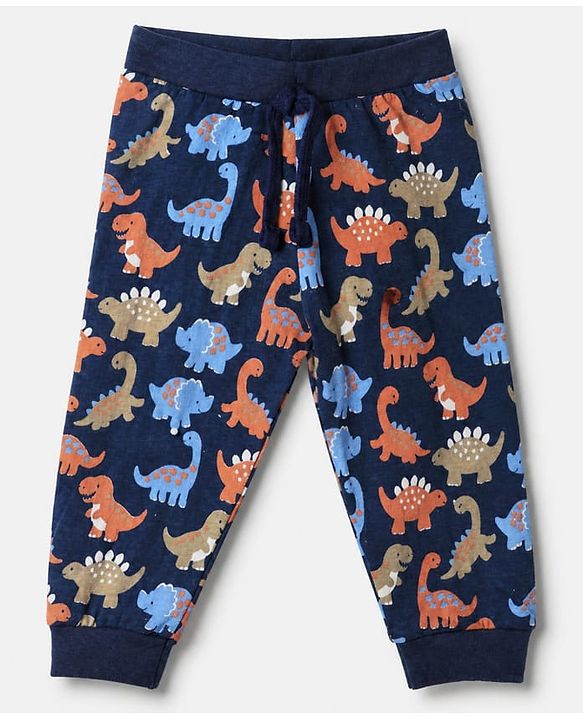 Babyhug Cotton Jersey Knit Full Length Jogger Fit Lounge Pant With Dinosaur Print Pack of 2 in Navy Blue Red
