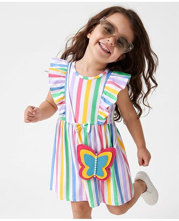 Babyhug Single Jersey Knit Sleeveless Striped Frock With Sling Bag - White