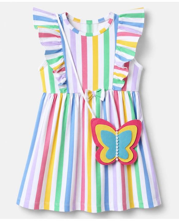 Babyhug Single Jersey Knit Sleeveless Striped Frock With Sling Bag - White
