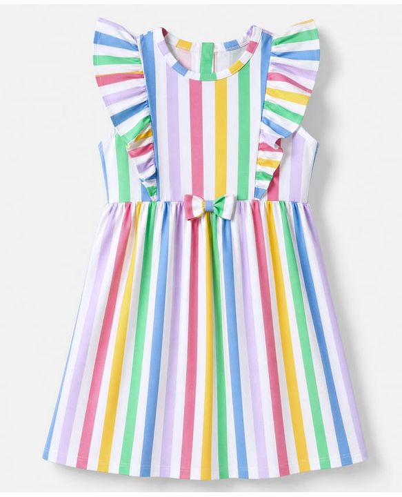 Babyhug Single Jersey Knit Sleeveless Striped Frock With Sling Bag - White