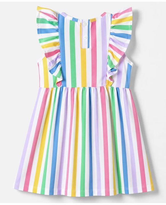 Babyhug Single Jersey Knit Sleeveless Striped Frock With Sling Bag - White