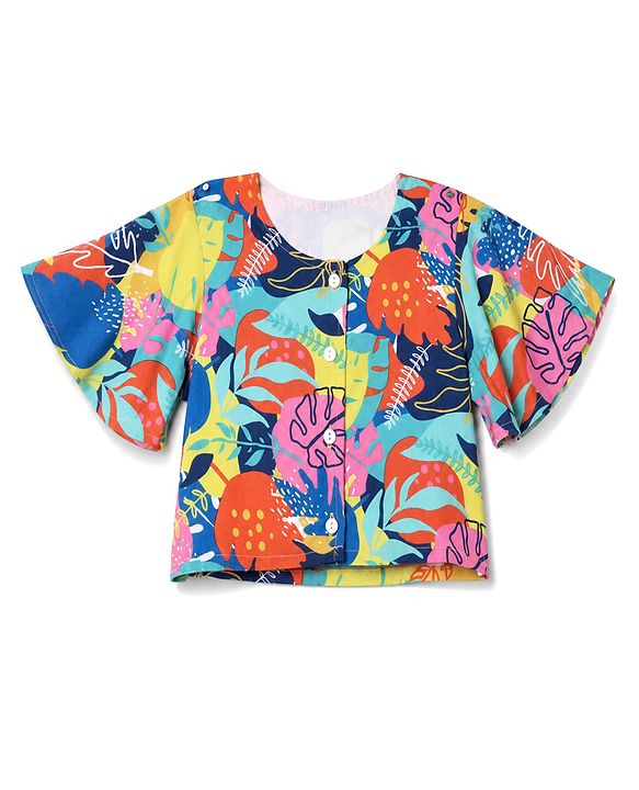 Babyhug Cotton Woven Half Sleeves Co-Ords Top & Palazzo Set with Tropical Print -  Blue